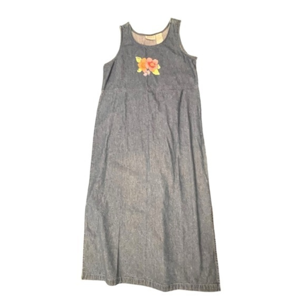Vintage Denim Jumper Dress Size‎ MED Sleeveless Slit Fall Autumn Floral Y2K NWT